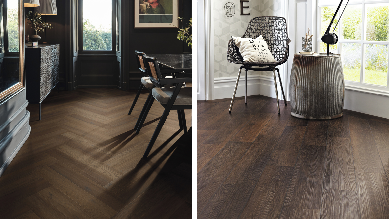 Karndean Designflooring Serrano Oak in a dining room and Aged Oak wood lvt flooring in a living room