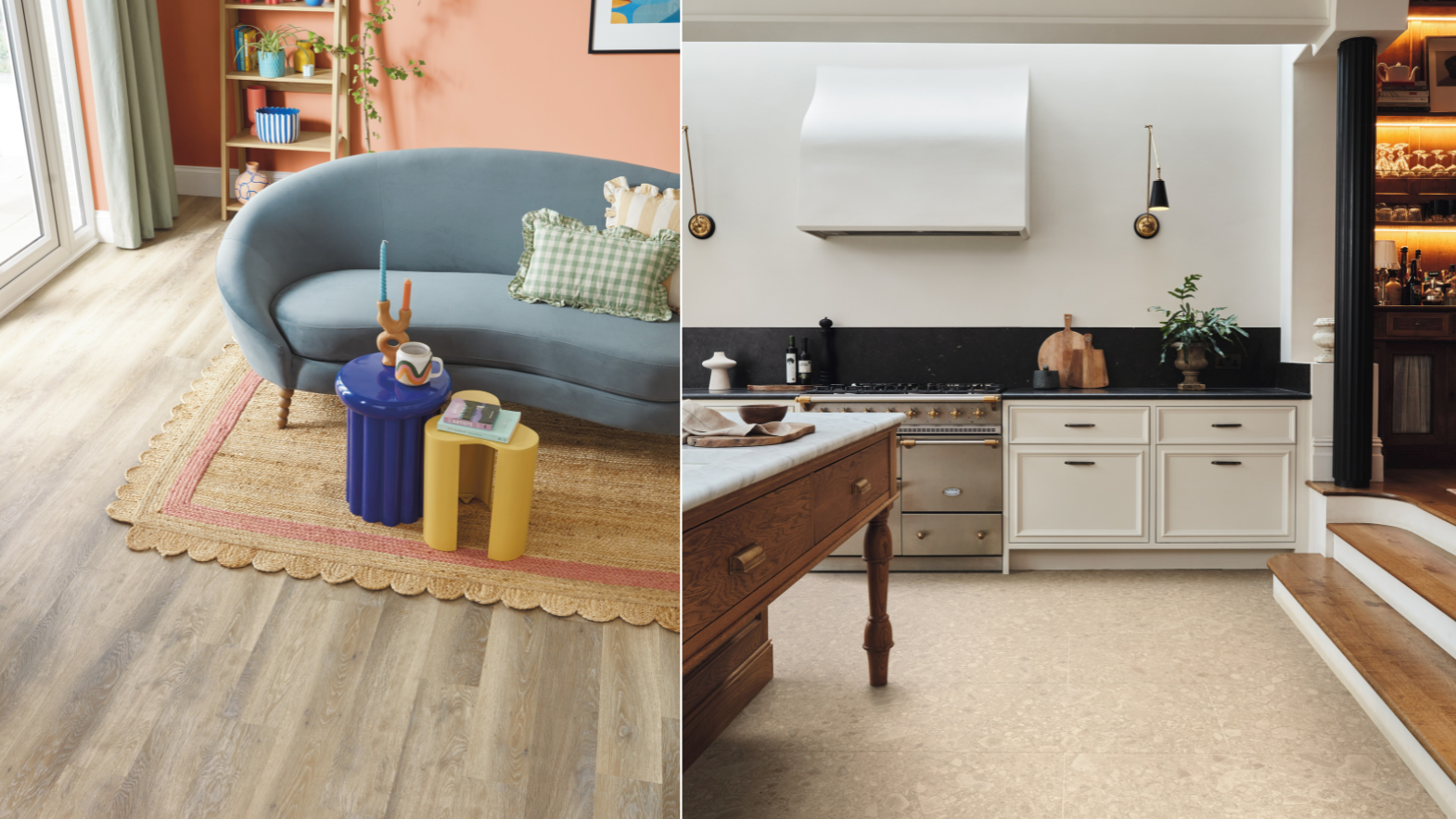 Karndean Lime washed Oak and also Sabbia LVT flooring displayed in different rooms