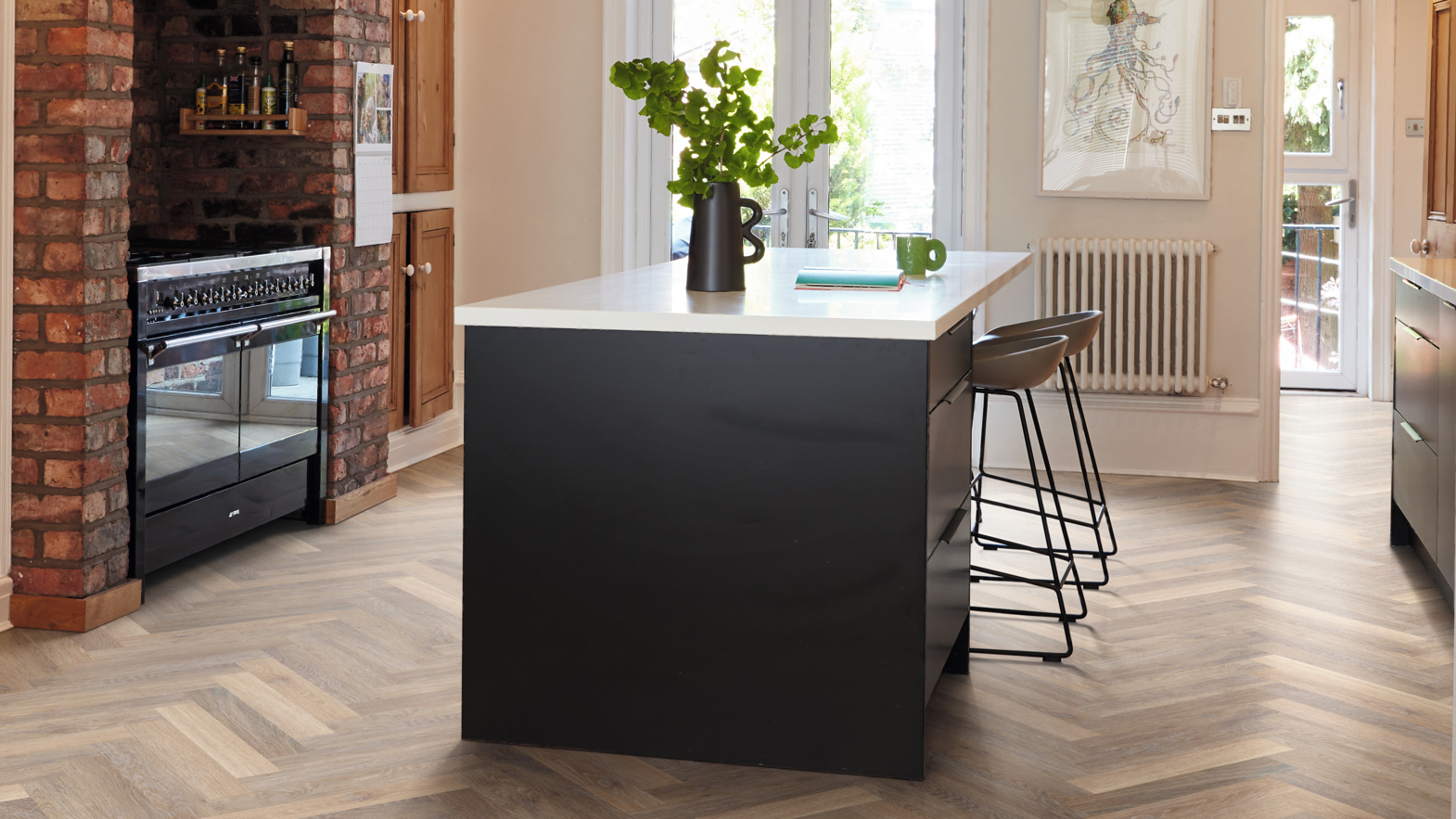 Karndean rose washed oak herringbone wood flooring in a kitchen Knight Tile Rubens SM-KP95