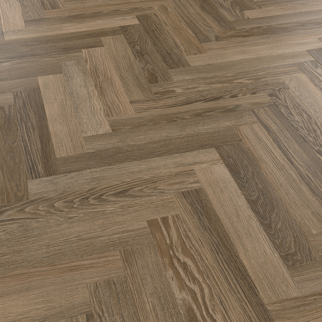 Cocoa limed oak brown herringbone lvt flooring laid at an angle